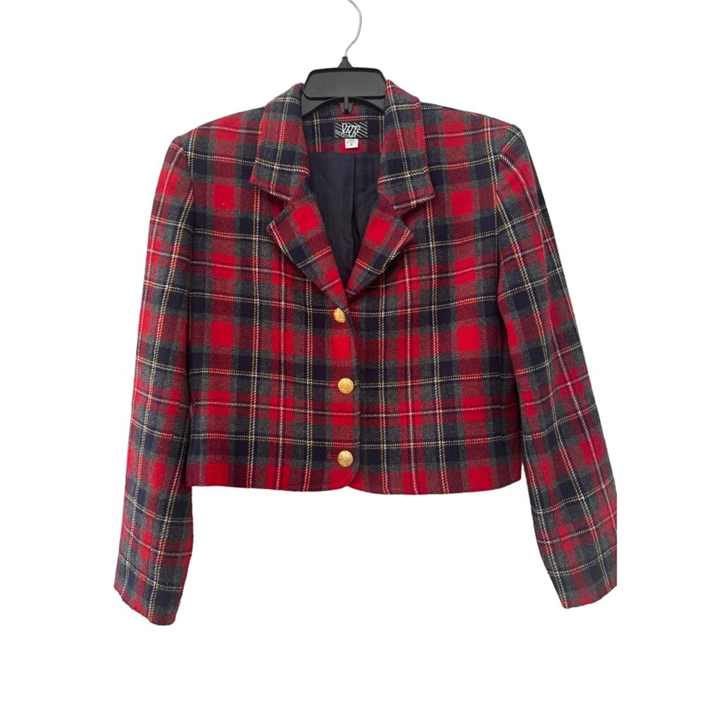 Vintage 90s Plaid Wool Blazer Red Black Gold Button Cropped Jacket USA SM